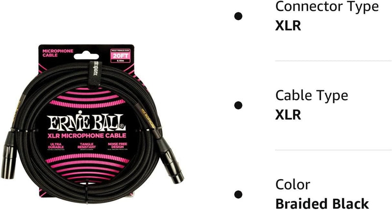 Ernie Ball Geflochtenes XLR-Mikrofonkabel männlich/weiblich 6,10 m (20 ft) - Schwarz Braided Black 6