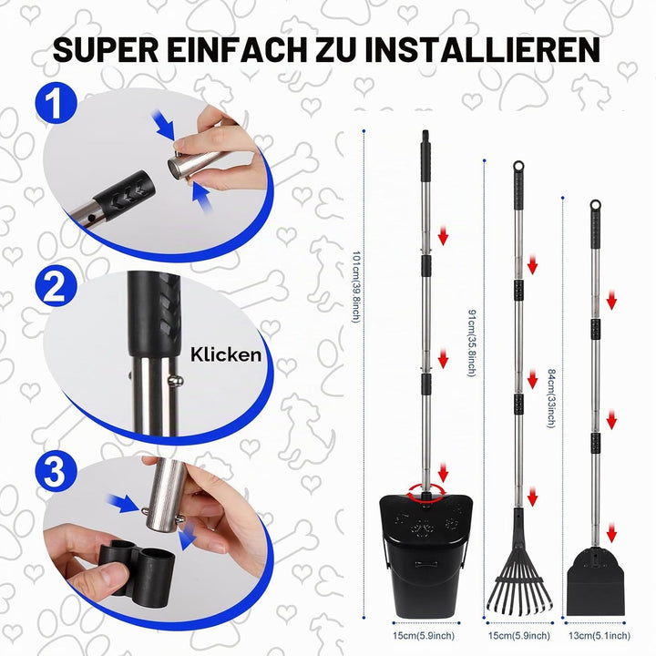 3 Pack Hundekotschaufel, 100CM Länge Griff Pooper Scooper Dreheimer, Rechen und Spaten mit 20 Abfall