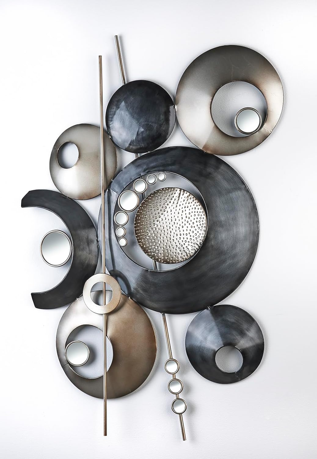 Kobolo Wandbild mit Kreisen und Spiegeln - Metall in den Farben grau und silber 114x66 cm, 114x66 cm