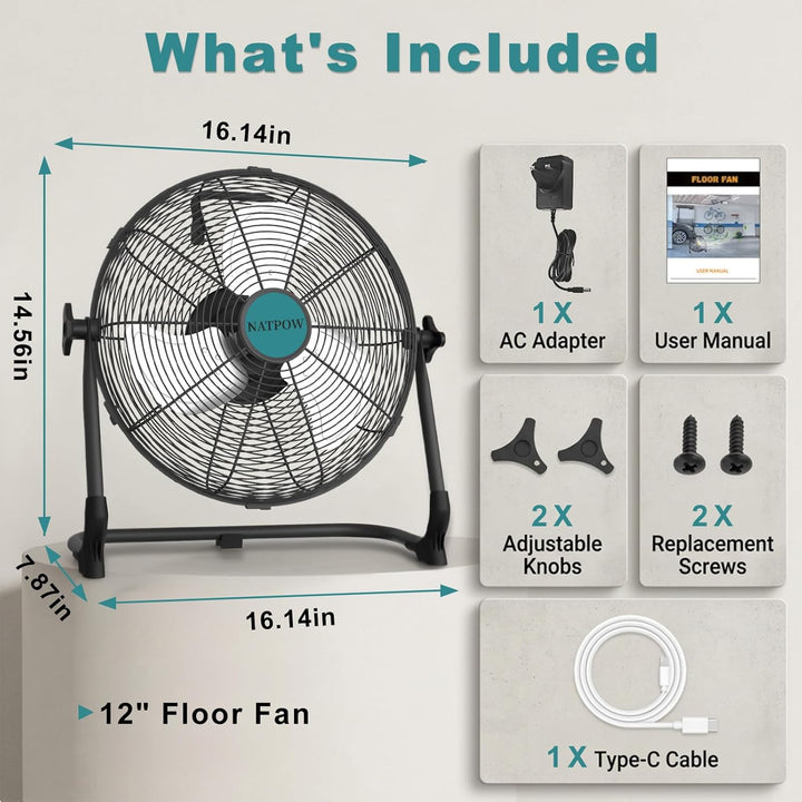 Bodenventilator 30 cm, Ventilator mit Typ C und USB-Aufladung für Adapter und Makita (Kein Akku), 15