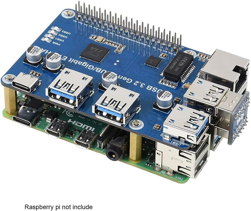 USB 3.2 Gen1 and Gigabit Ethernet HUB HAT for Raspberry Pi Series Board, 3X USB 3.2 Gen1, 1x Gigabit