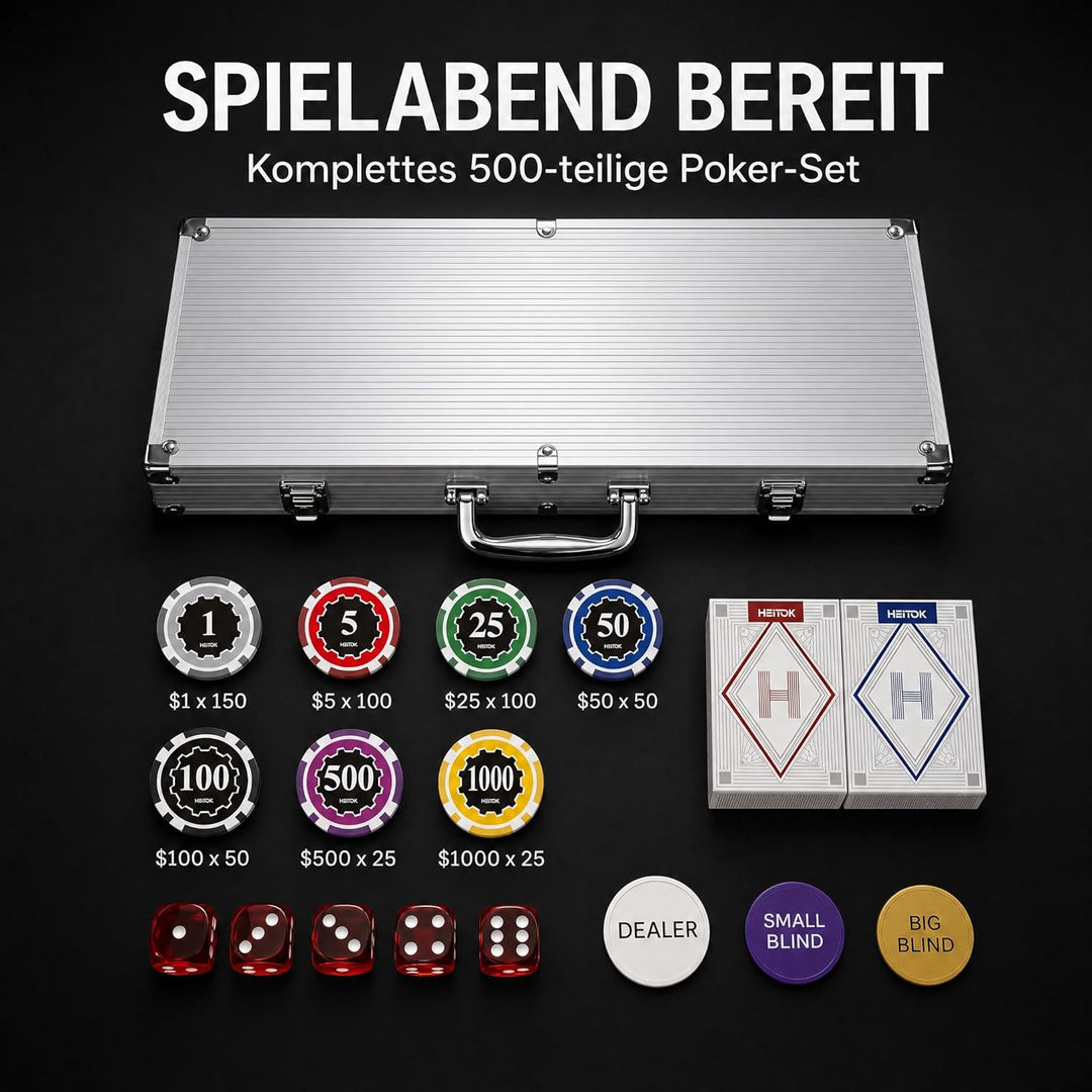 Poker-Set, 500 Stück, 11,5 g Chips mit Nennwerten, Casino-nummerierte Chips-Set mit Aluminiumkoffer,