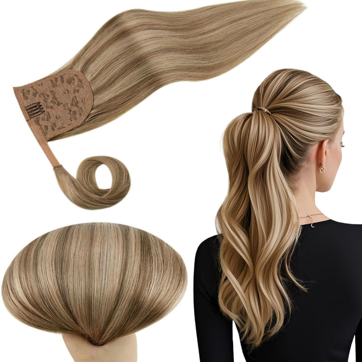 RUNATURE Zopf Echthaar Extensions Blond mit Goldblond Echthaar Pferdeschwanz Extensions Blond Clip i