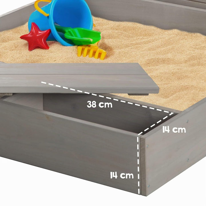 roba Sandkasten aus Holz mit Deckel - Sandkiste aufklappbar mit Tafel &amp; 3 Haken - Wetterfest Abdecku