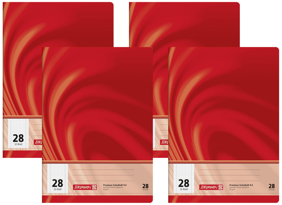 Brunnen Schulheft A4 Vivendi (32 Blatt, 5 mm kariert, mit Rand, Lineatur 28) (Packung mit 4) A4 32 B