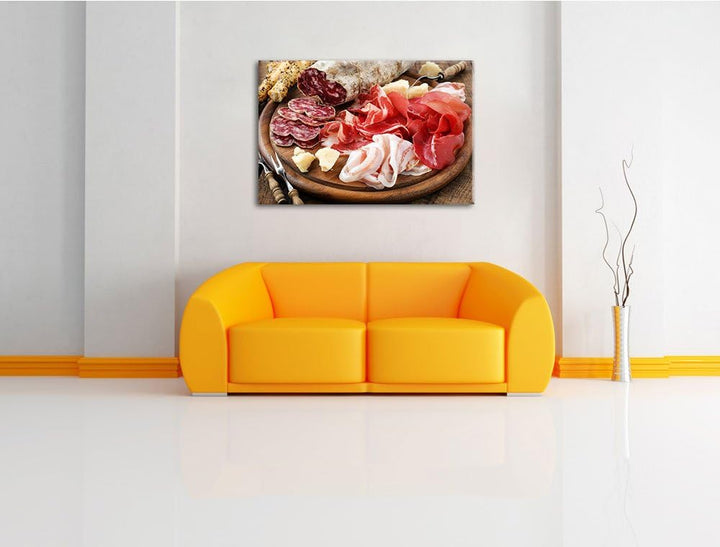 Brotzeit mit Wurst Format: 100x70 auf Leinwand, XXL riesige Bilder fertig gerahmt mit Keilrahmen, Ku