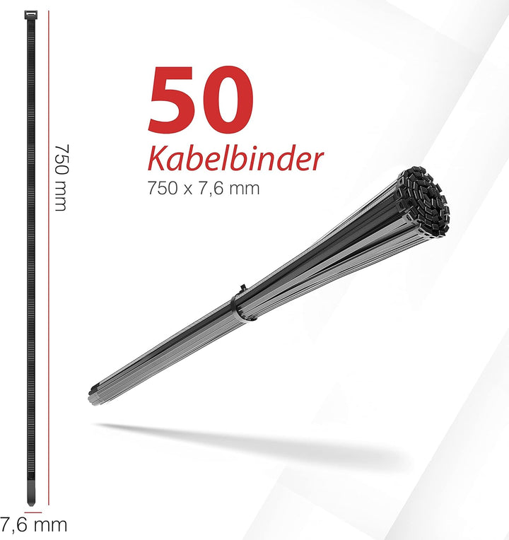 HeiKab 50 Kabelbinder 750 x 7,6 mm - UV-Beständig - Mindestzugfestigkeit 540 N / 55 kg - Schwarz - 7