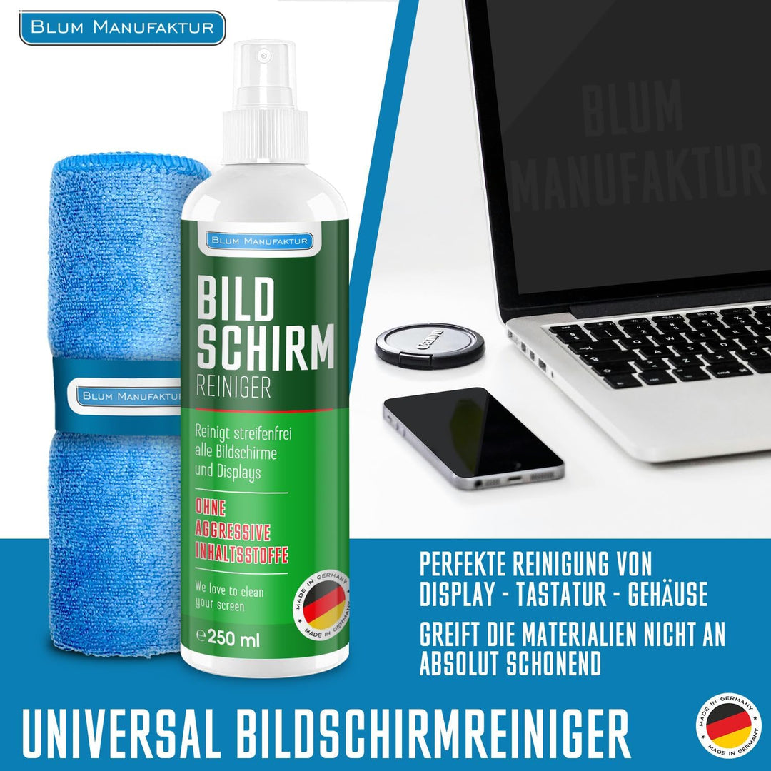 Blum Manufaktur Bildschirmreiniger 2 x 250 ml + 30x30 cm Mikrofasertuch supersoft 365GSM - Screen Cl