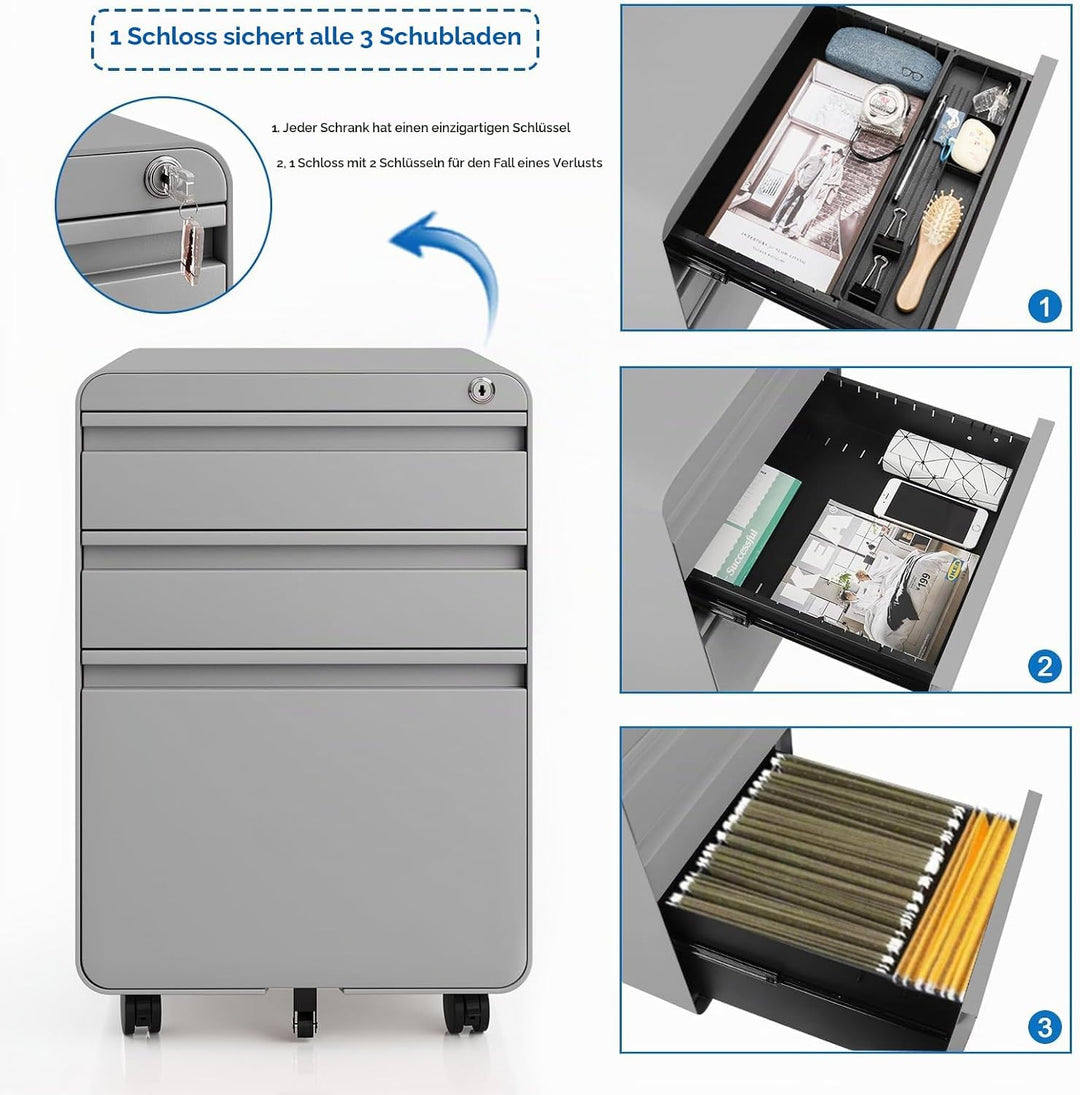 Dripex Metall Rollcontainer Stahl Rollcontainer mit 3 Schubladen oder 2 Schubladen, Abschliessbarer
