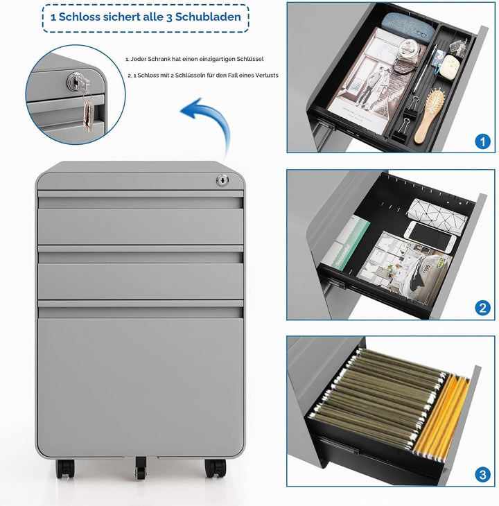 Dripex Metall Rollcontainer Stahl Rollcontainer mit 3 Schubladen oder 2 Schubladen, Abschliessbarer