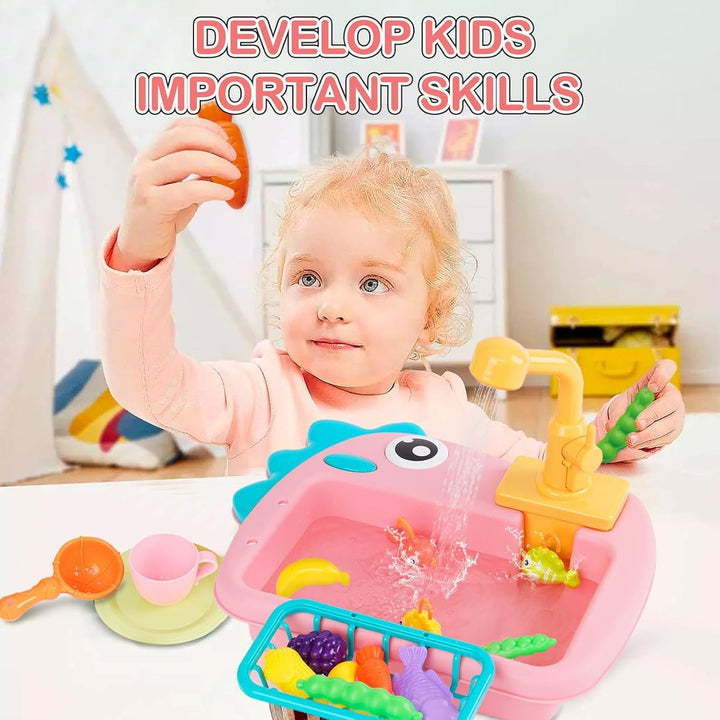 Küchenspüle Spielzeug Set mit Angelspiel, Fliessendes Wasser Spülmaschine, Küchenutensilien,Rollensp