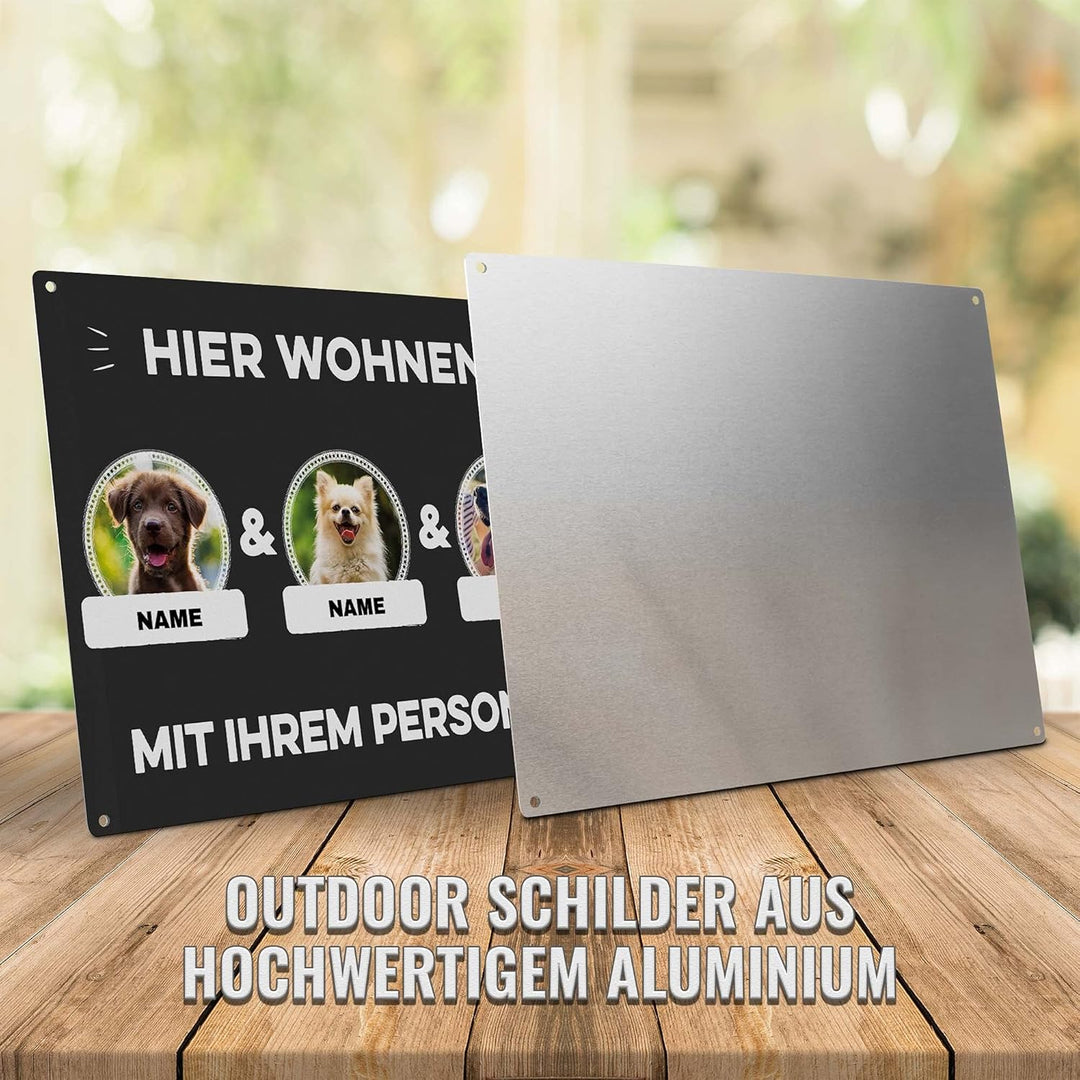Hunde Schild personalisiert - Hier wohnt mit Personal - Metallschild mit Foto und Name für aussen, w