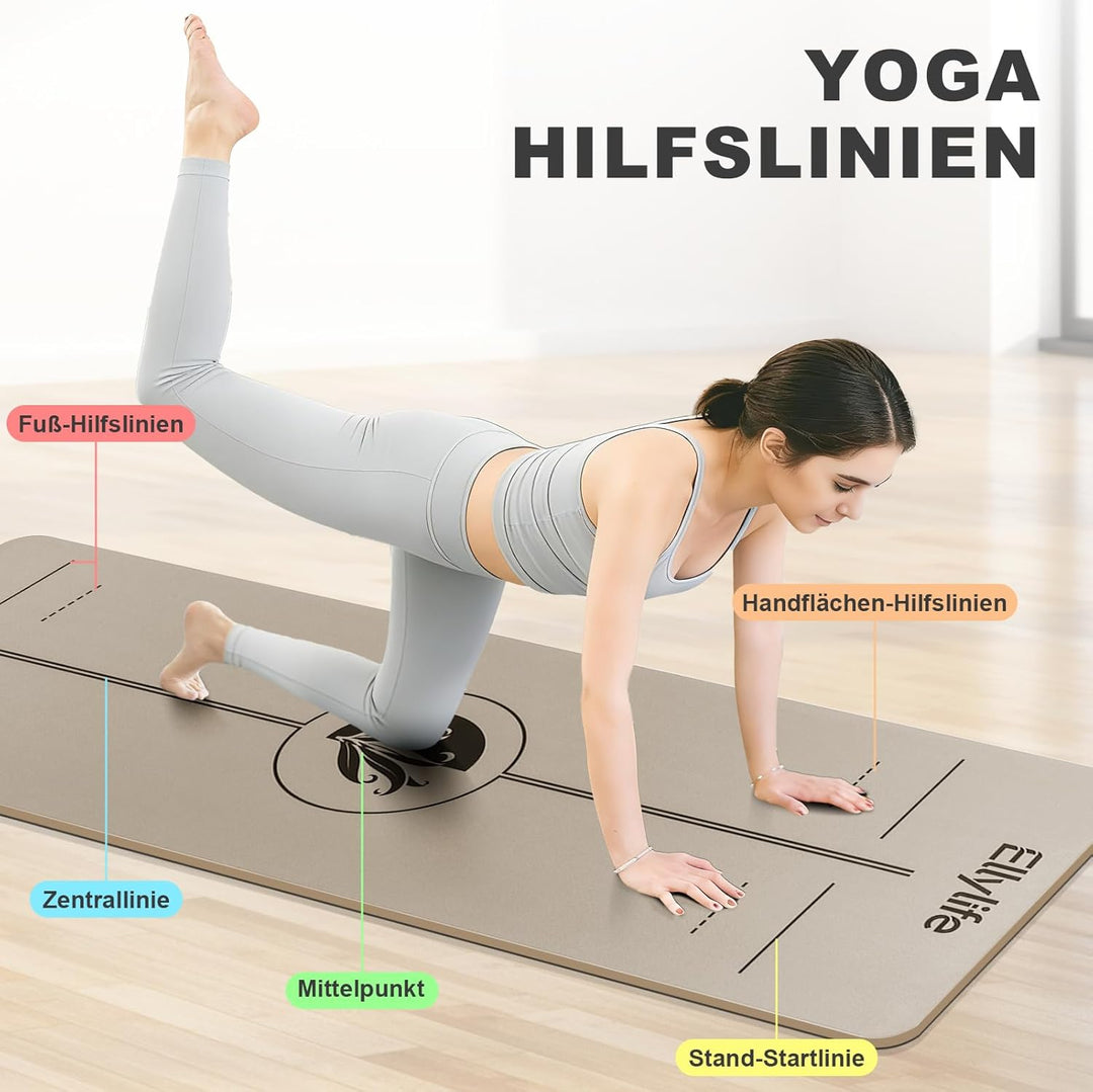 Yogamatte aus ECO Naturkautschuk & Hhautfreundlichem TPE, Extrem Rutschfest, Ausrichtungslinien, Ein