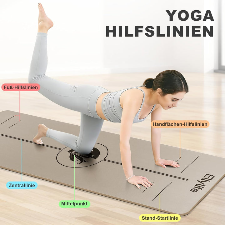 Yogamatte aus ECO Naturkautschuk & Hhautfreundlichem TPE, Extrem Rutschfest, Ausrichtungslinien, Ein