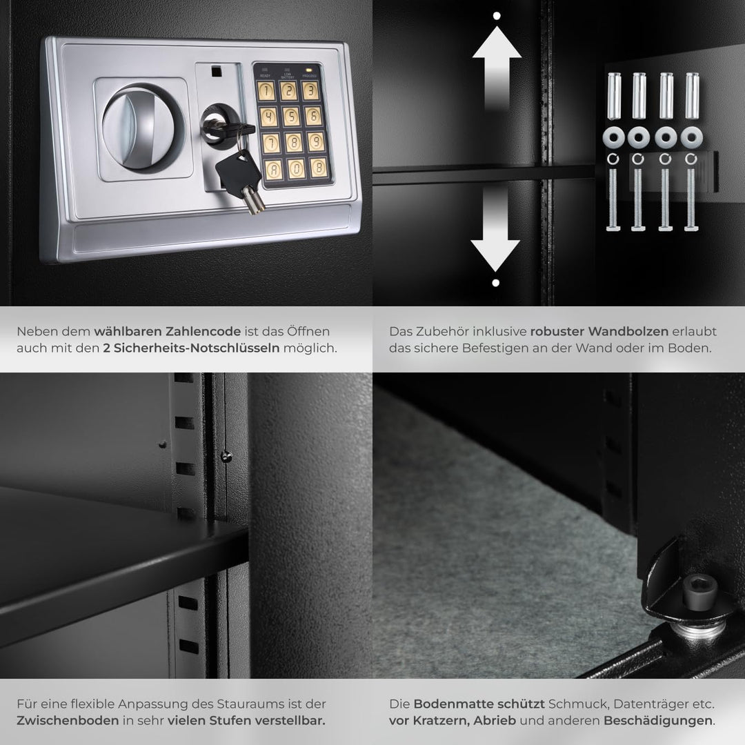 tectake® elektronischer Safe, Tresor für Zuhause, mit Sicherheitscode, mit Schloss und Notfall Schlü
