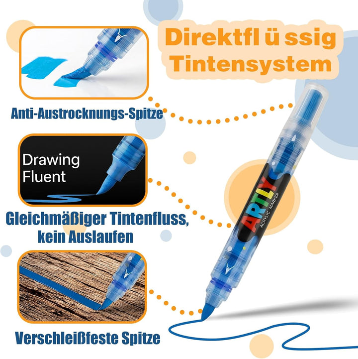 Acrylstifte, 80 Farben, Wasserfest & Schnelltrocknend, 1–6 mm Dual Tip (Feinspitze & Pinselspitze),