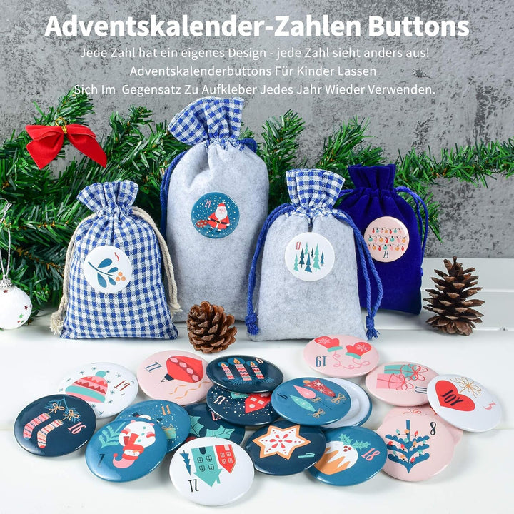 Adventskalender Stoffsäckchen zum Befüllen, Weihnachtskalender Filzsäckchen zum Selberfüllen, 24 Gro
