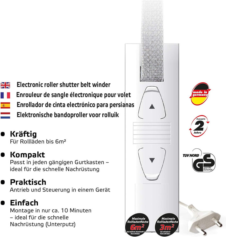 SuperRollo GW190 elektrischer Gurtwickler, Unterputz für Gurtkasten, für 23 mm Gurtband, Rolladenant