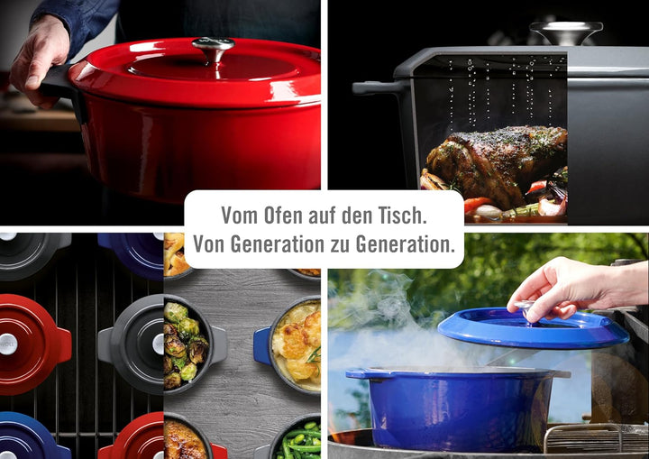 Woll 828CI-010 Iron Gusskasserolle mit Deckel 3,7 Liter + Silikongriffen Rot, Rot