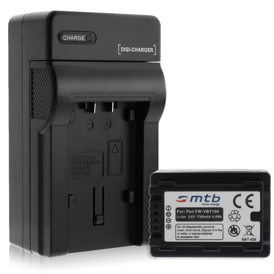 Akku + Ladegerät (Netz, KFZ) für VW-VBT190 / Panasonic HC-VX989... / HC-W570, W850, WX979... mit Inf