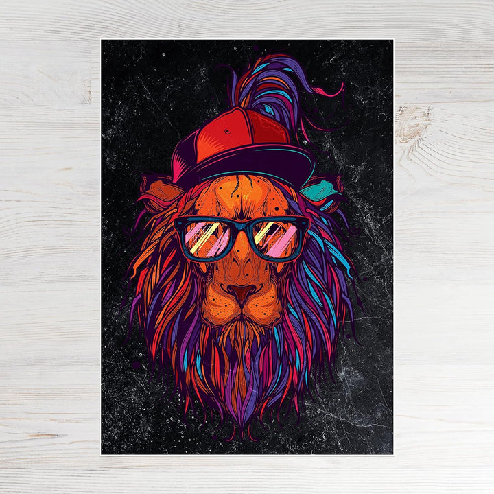wandmotiv24 Poster als Wanddeko, Grösse Din A0, Funky Löwe, Marmor, bunt, Cap, Mütze, Brille, Nerd,