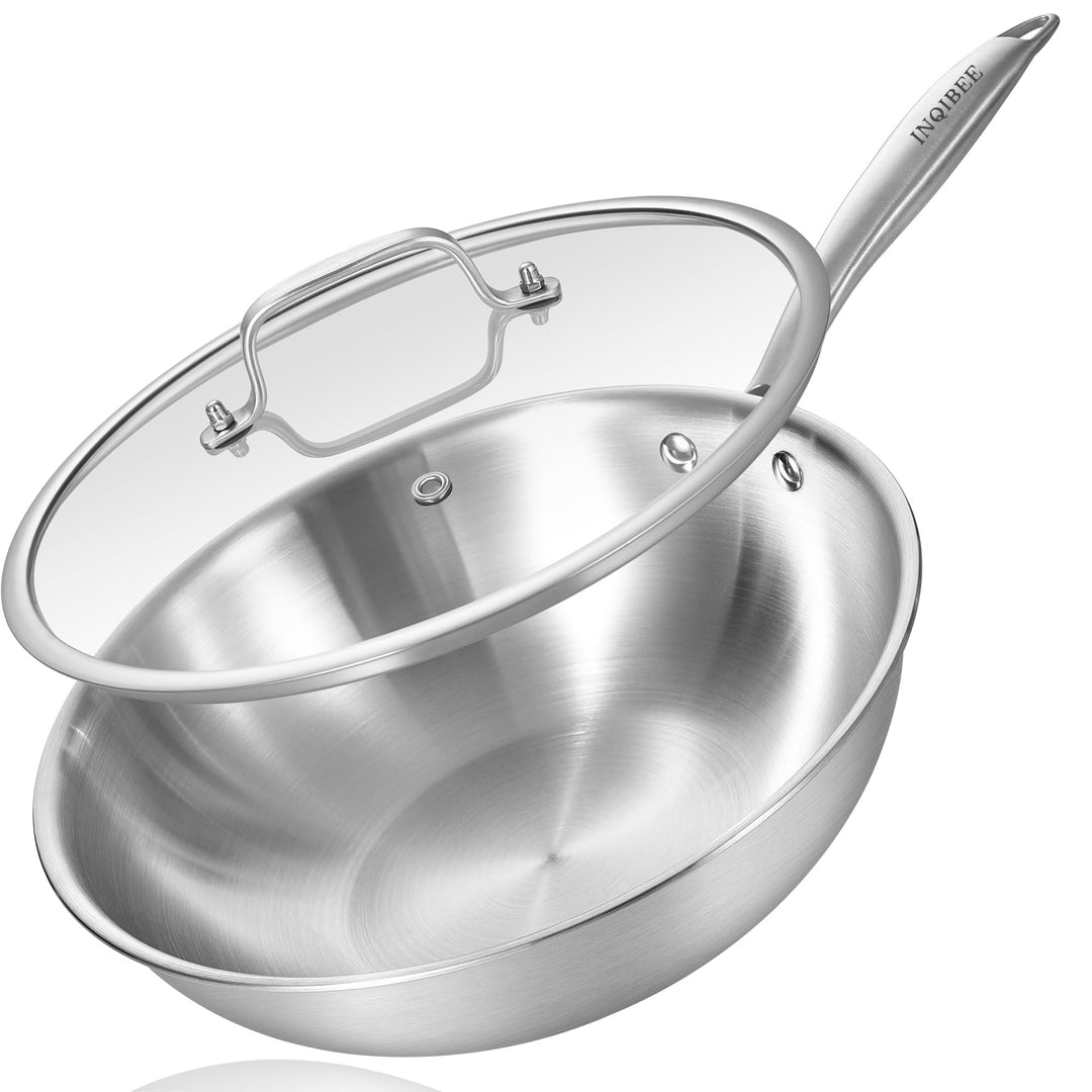 Inqibee Wokpfanne Edelstahl 28 cm mit Deckel, Unbeschichtete Wok Pfanne für Induktion &amp; Gasherd, Ede