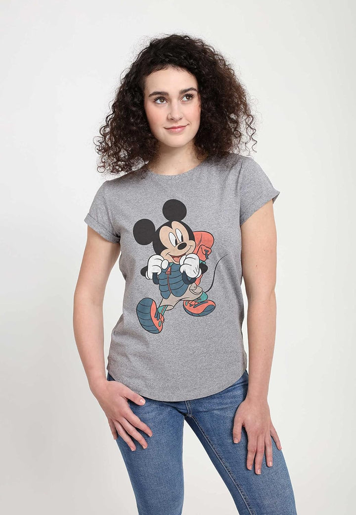 Disney Damen Classic-Hiker Mickey Women's Organic Rolled Sleeve T-Shirt M Melange Grey, M Melange Gr