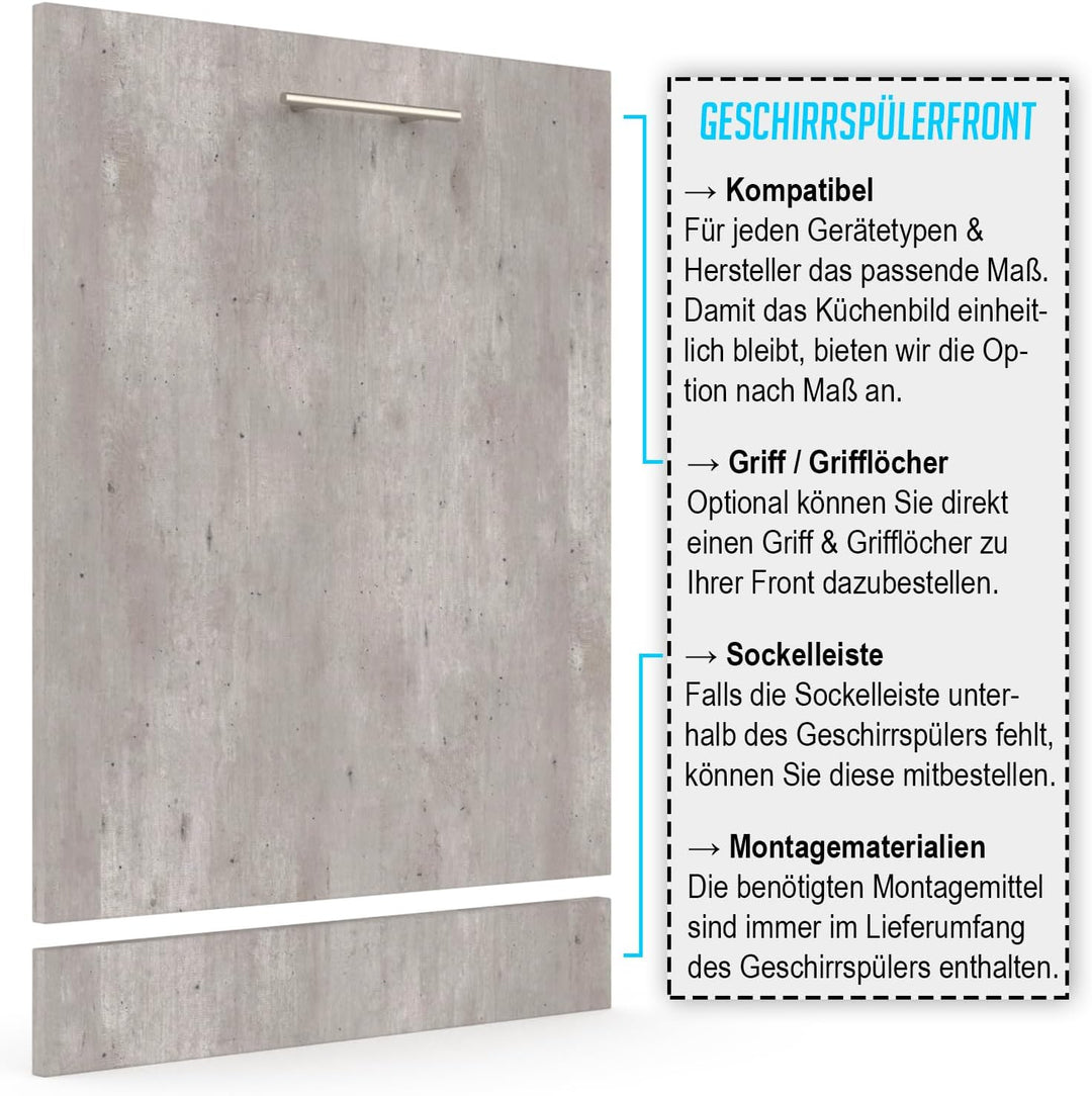 X57 Geschirrspülerfront 19mm voll-, teilintegriert und nach Mass (Beton, 594x715mm) Beton 594x715mm,