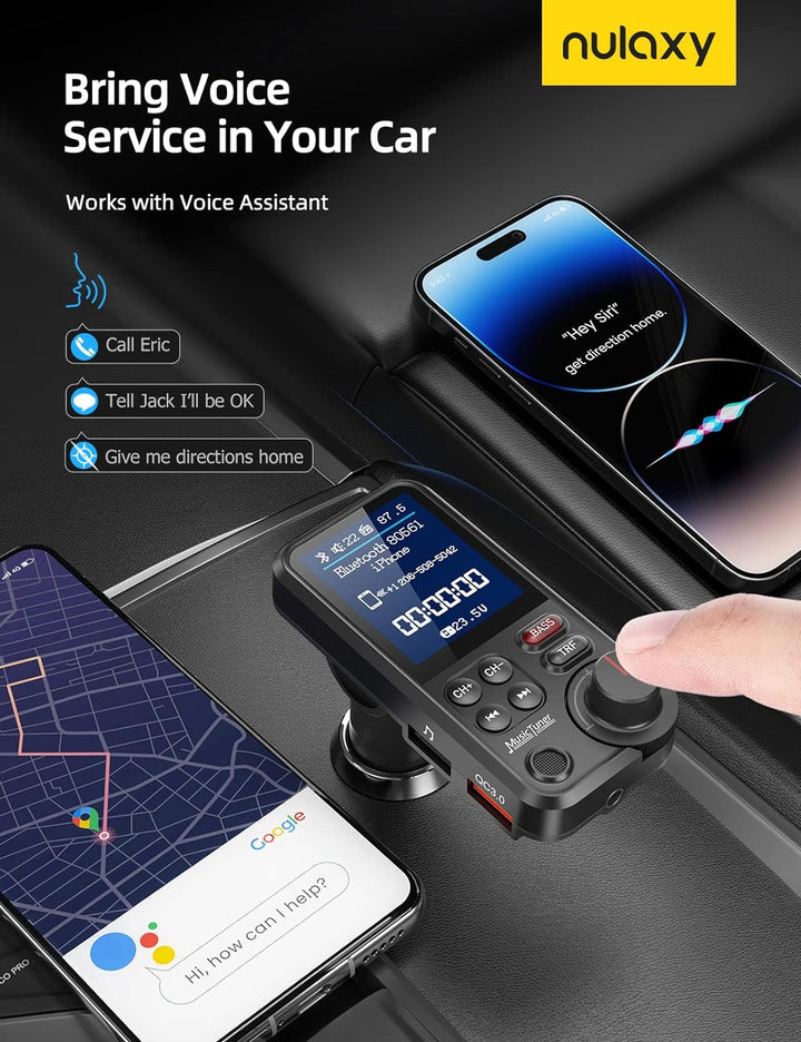 Nulaxy Bluetooth Adapter Auto, Starkes Mikrofon FM Transmitter Auto Bluetooth mit 1,8-Zoll-Farbbilds