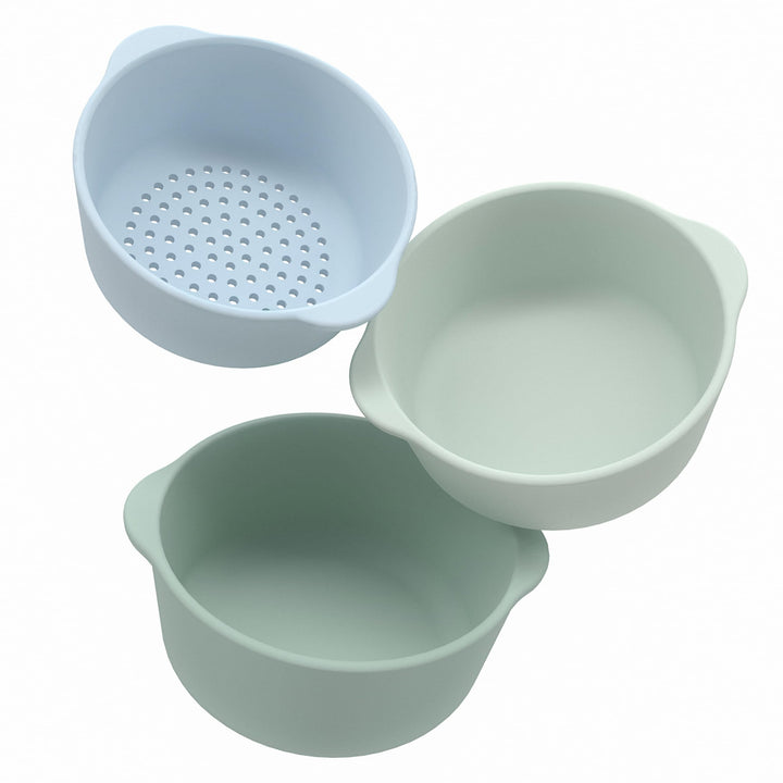 Inspire My Play – 3 x Grün Stapelbare Silikonschalen und Sieb – Perfektes Zubehör für Sensory PlayTr
