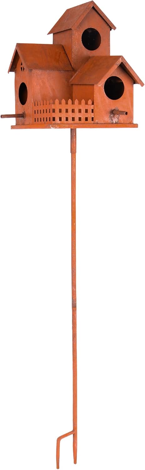 UNUS Vogelhaus aus Metall in Rostoptik mit Stab 132 cm dekoratives Vogelhäuschen für Garten und Terr
