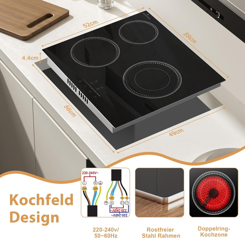 Glaskeramikkochfeld 3 Platten, DELITEER Kochfeld mit Rahmen, 60cm Einbau, 5200W, Slider-Touch-Steuer