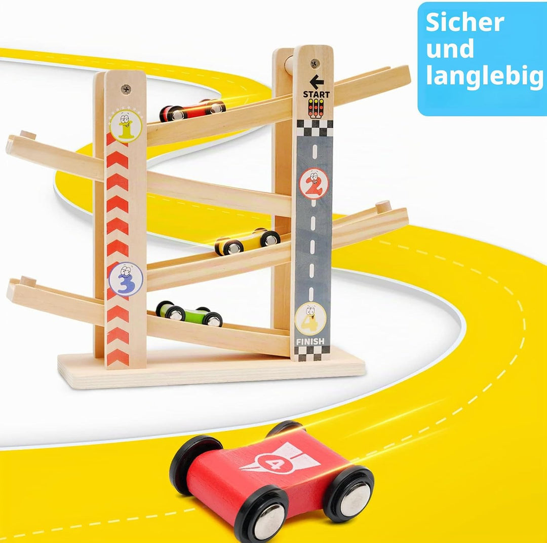 NUKied Kugelbahn Holz,Premium Holzspielzeug mit 4 Autos,Autorennbahn Holz Spielzeug für Jungen Gesch