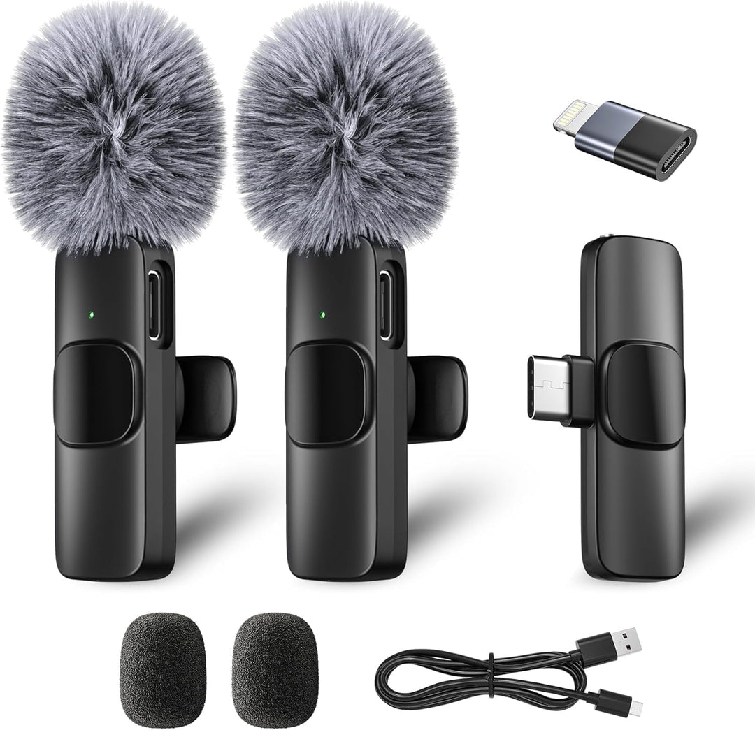 Kabelloses Lavalier Mikrofon für iPhone/iPad/Android (2er-Pack), Mini Mic mit Lightning & USB-C, Ger