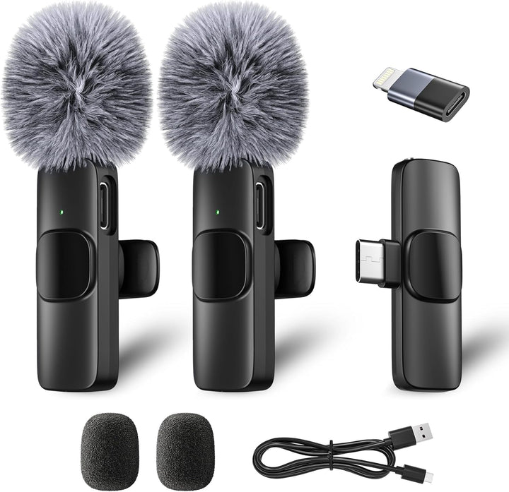 Kabelloses Lavalier Mikrofon für iPhone/iPad/Android (2er-Pack), Mini Mic mit Lightning & USB-C, Ger