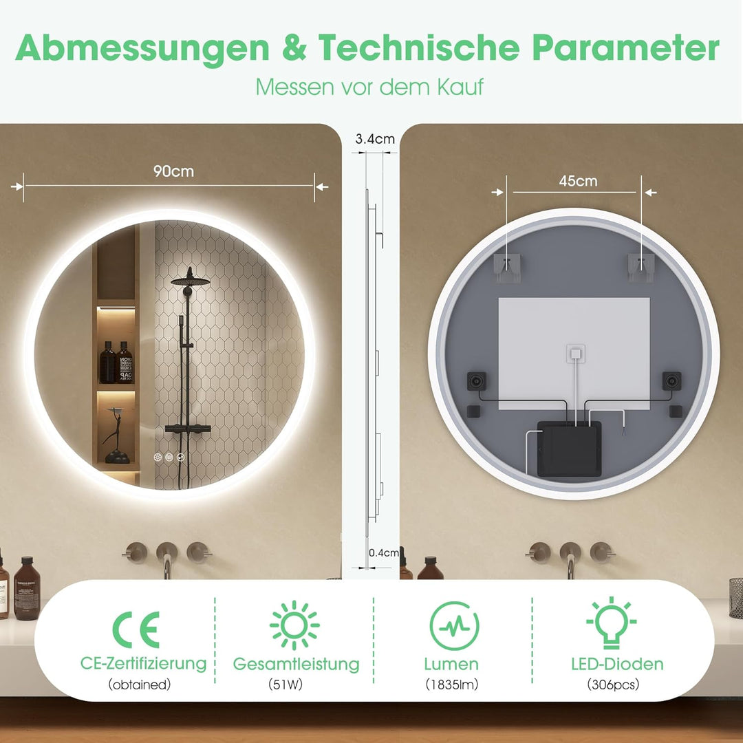 S'bagno Runder-Badspiegel-mit-Beleuchtung-90cm, Badezimmerspiegel-mit-Beleuchtung-und-Bluetooth, Ent