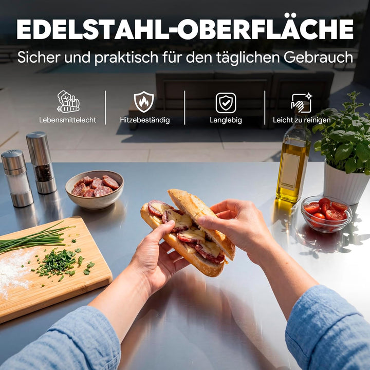 Feasto 3 Etagen mobiler Grilltisch mit Edelstahl - Arbeitsplatte, 2 Griffen, höhenverstellbarer Mitt