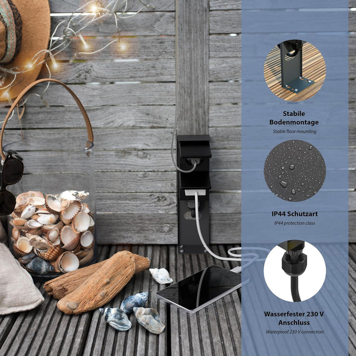 ledscom.de 2 Stück Garten Steckdosensäule PIWI für aussen, IP44, 2-fach, Edelstahl, anthrazit, eckig