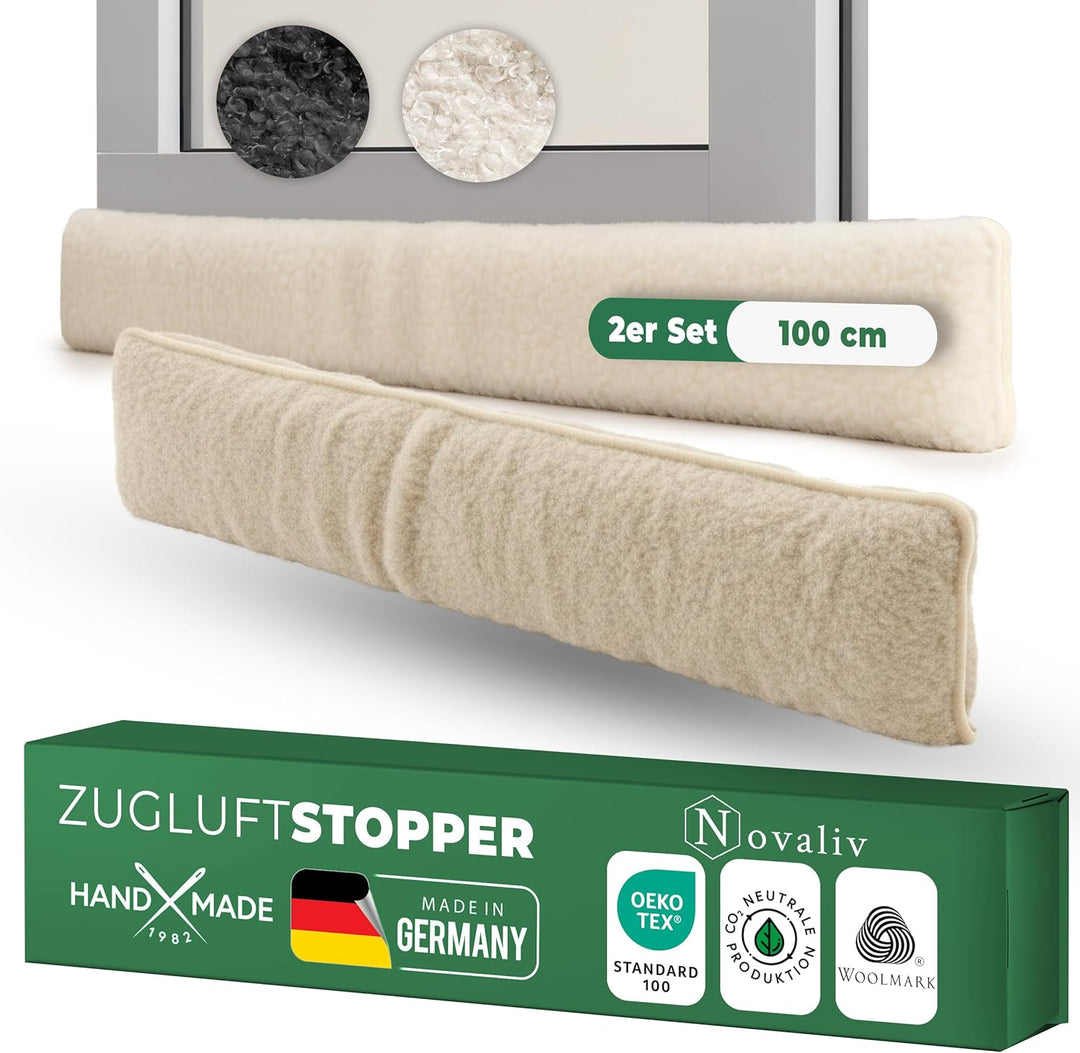 Zugluftstopper für Türen 100cm Natur Schurwolle – stoppt Zugluft & Kälte, dämpft Lärm/Staub/Licht, r