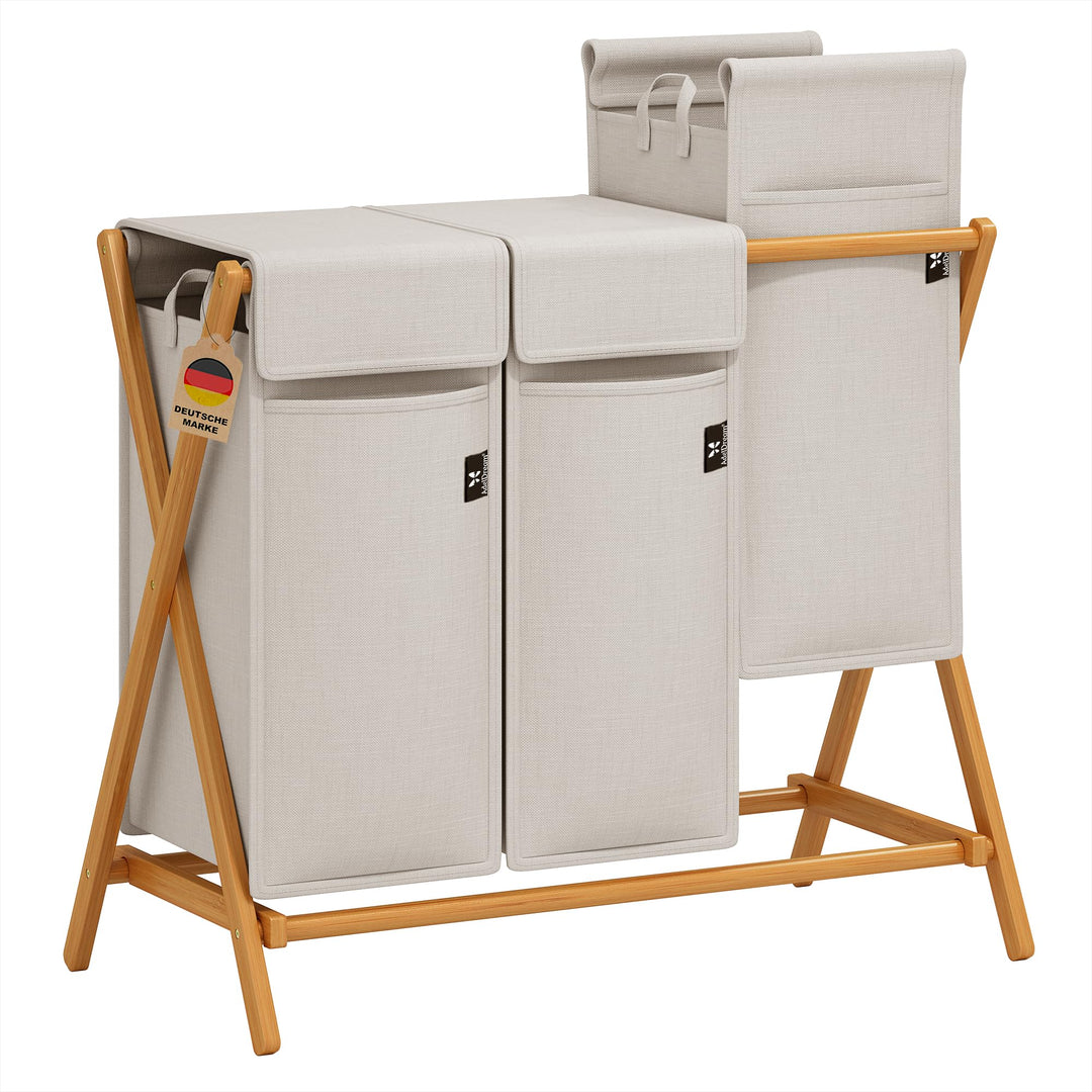 AdelDream Wäschekorb 3 Fächer 150L Bambus Wäschesammler Wäsche Sortiersystem X-förmige Wäschebox lau