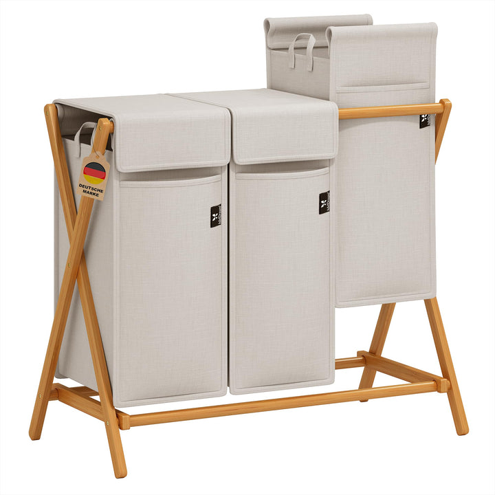 AdelDream Wäschekorb 3 Fächer 150L Bambus Wäschesammler Wäsche Sortiersystem X-förmige Wäschebox lau
