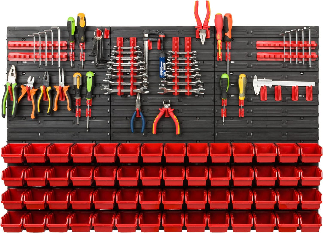 Lagersystem Werkstattregal | 117 x 78 cm | 56 stck. Box | Wandregal mit Werkzeughalterungen und Stap