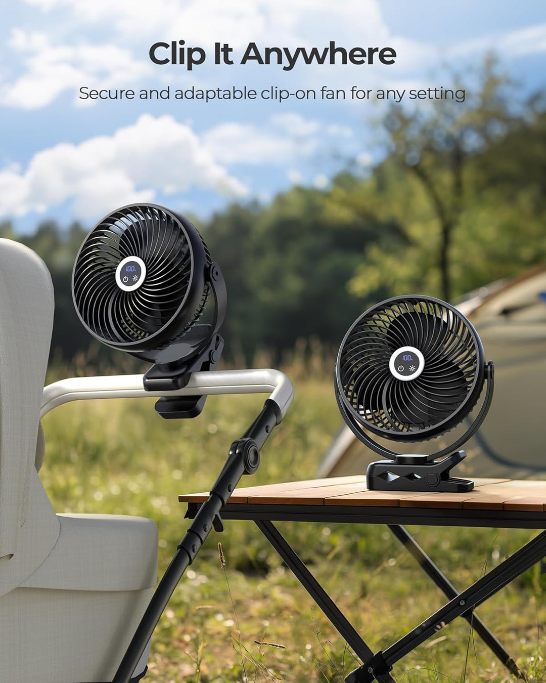 Koonie 20cm Tragbarer Mini Clip Ventilator, USB Tischventilator mit 10000 mAh Akku, Licht, Digitalan