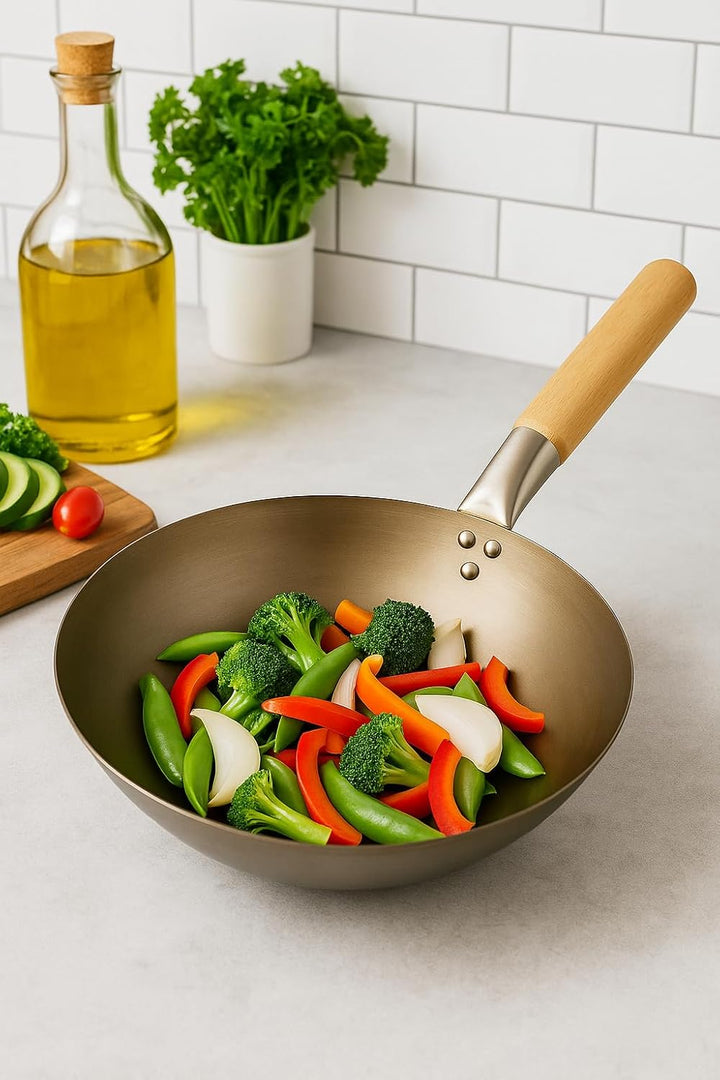 Grill-Wok Einsatz 30cm – Aus robustem Stahl | Für Gemüse, Fisch & Fleisch | WOK für perfekte Hitzezi