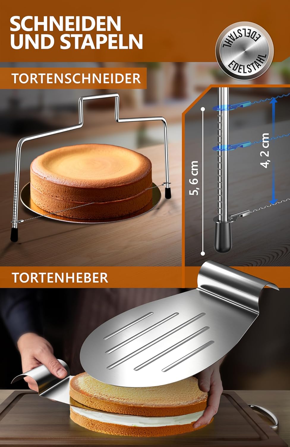 4smile Torten-Zubehör-Set 5 Teile - Tortenring verstellbar hoch 20 cm + Tortenschneider + Tortenhebe
