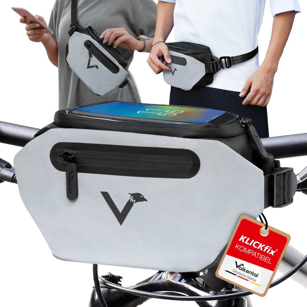 Valkental x KLICKfix 3in1 Lenkertasche 4L, Handyfach, Ebike geeignet | Vollreflektierend für hohe Si