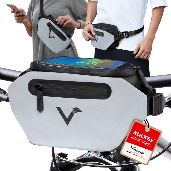 Valkental x KLICKfix 3in1 Lenkertasche 4L, Handyfach, Ebike geeignet | Vollreflektierend für hohe Si