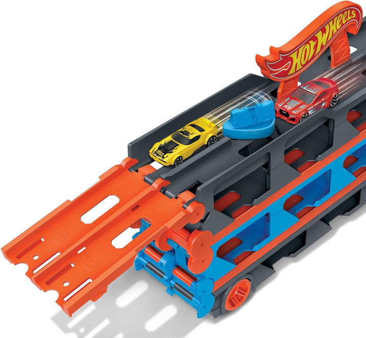 Hot Wheels 2:1 Autorennbahn zu Transporter, inkl. 3 Spielzeugautos, mit Doppelstarter, Auslösefunkti