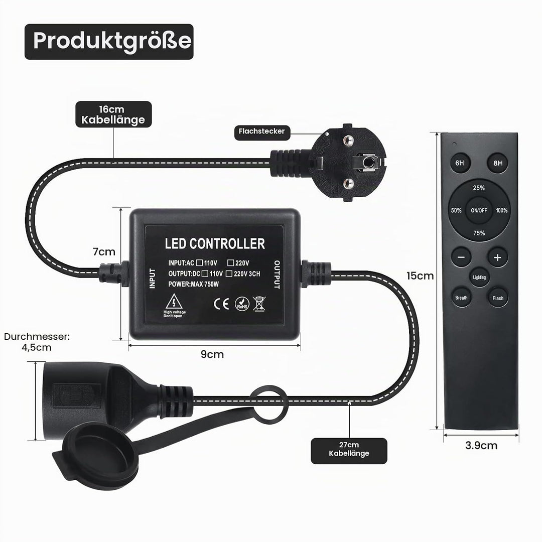 750W LED Streifen Dimmer Controller, 230V Plug-in Schalter Dimmer mit 12-Tasten Fernbedienung, Zeits