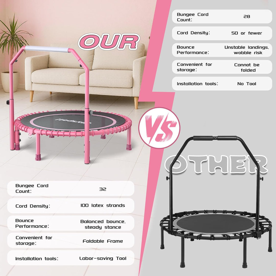 JOY SPOT! Mini Fitness Trampolin, Ø102cm Faltbares Trampoline mit Bungee-Seilen & verstellbarem Grif
